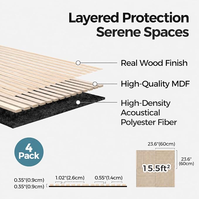 AKUMAX 4-Pack Wood Slat Acoustic Wall Panels, 23.6 x 23.6 in 3D Sound-Absorbing Panels for Walls & Ceilings, Fire-Retardant, FSC-Certified Materials, 15.5 Sq Ft, Classic Oak - Image 2
