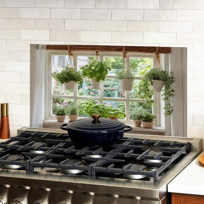 Herb Garden Kitchen Backsplash Peel and Stick, 30x16 in | Farmhouse window with hanging herb baskets and terracotta pots; flat 2D waterproof peel and stick; wipe clean; 30x16 in - Image 2