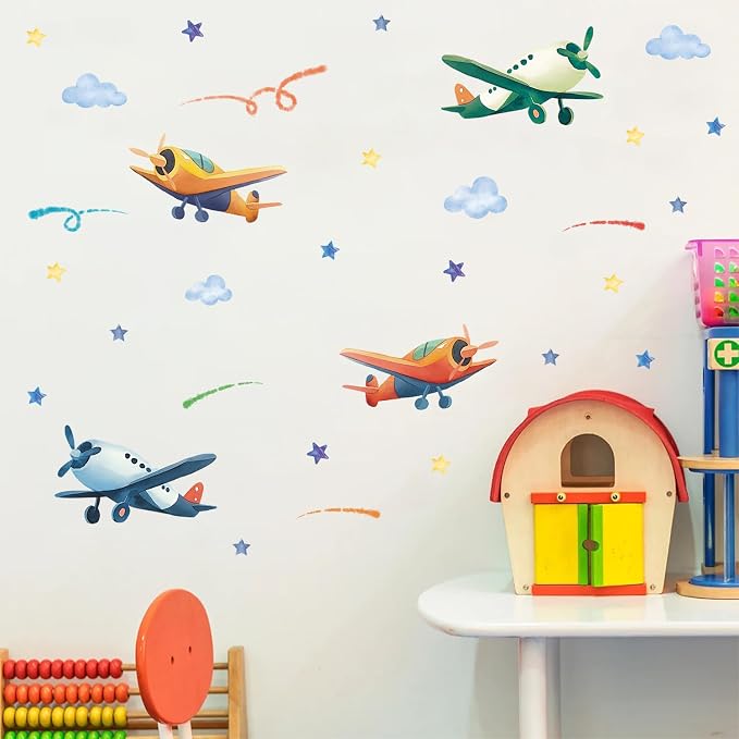 LHIUEM Airplanes Wall Decals Plane Wall Stickers for Boys Room 43PCS Watercolor Airplane Kids Party Favor Gifts Airplane Kit Wallpaper Peel and Stick Decal Cartoon Glider Planes for Nursery Playroom - Image 5
