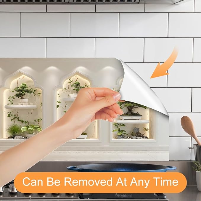 Bonsai Zen Niche Kitchen Backsplash Peel and Stick, 30x16 in | Three arched niches with bonsai and trailing vines under warm LED light; flat 2D waterproof peel and stick; wipe clean; 30x16 - Image 5