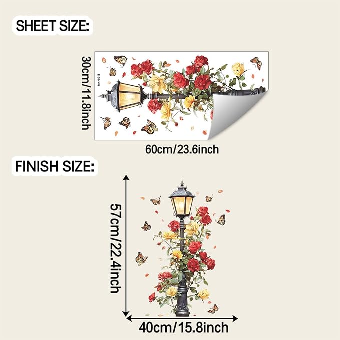 TUOKING Retro Street Lamp Wall Stickers Decor,Removable Rose Wall Murals | Peel and Stick Modern PVC Wall Art Decal Home Decor for Kitchen,Bedroom,Living Room - Image 2