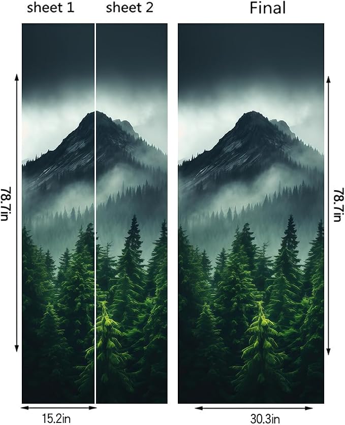 REDAMANCY Smoky Green Pine Tree Mountain Landscape Peel and Stick Door Stickers, Vinyl, Waterproof, Removable, Modern Style, 30.3"x78.7", 2 Pack - Image 2