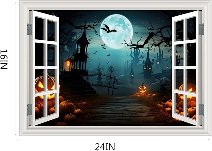 Halloween Decorations Decal Scary Fake Window Halloween Party Decor Sticker | ｜Faux Window Full Moon Night View Terror Castle Pumpkin Bat Spooky Wall Art Poster Mural ｜ Peel and Stick Decals｜16"x24" ﻿ - Image 2