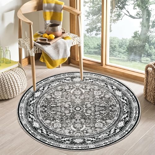 OPPODREAM Vintage Black Area Rugs 4' Round, Washable Rug for Living Room by OPPODREAM