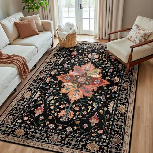 RELEANY Washable Area Rug, 5'x8', Black/Colorful by RELEANY