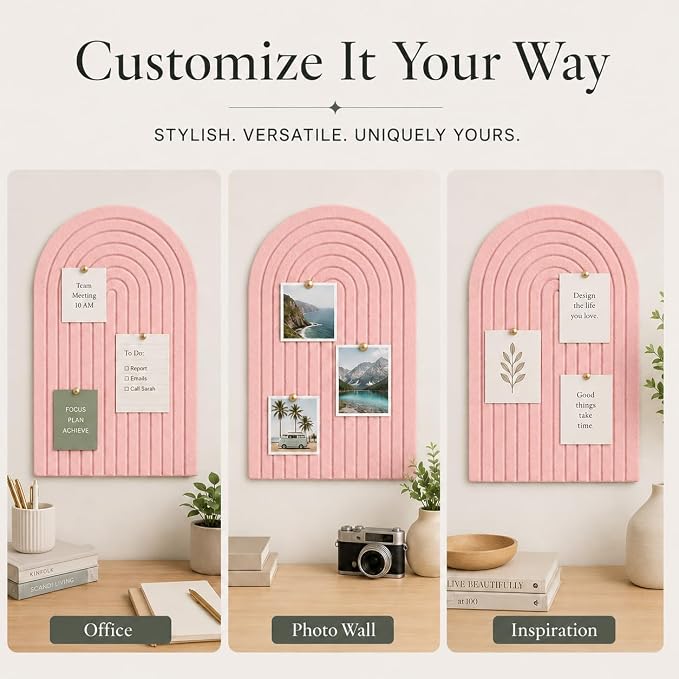 Large Arched Felt Bulletin Board, Sized 36" x 24" for Office & Wall Decor – 6 Customizable Adhesive Tiles with Pins are Perfect to Display Your Photos (Pink-A) - Image 4