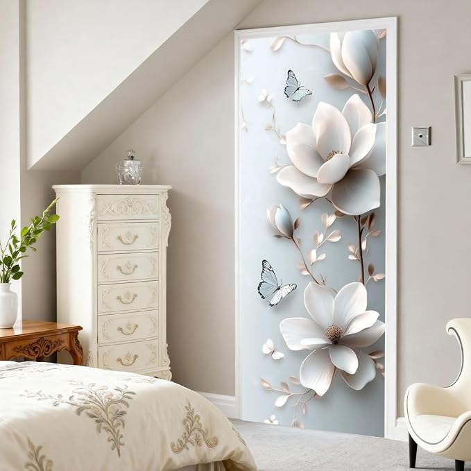 White Magnolia Door Mural, Butterfly Floral 3D Door Cover | Waterproof PVC, 30.3" W x 78.7" L; white magnolia design for bedroom, living room, office or closet doors. - Image 6