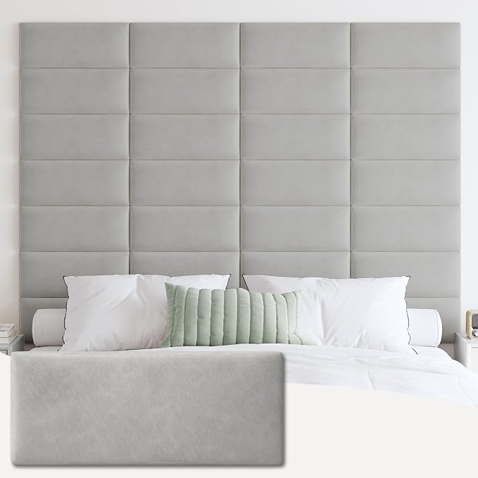 IFNOW Wall Mounted Headboard, Peel and Stick Panels, Light Grey, Queen | Upholstered 3D Soundproof Acoustic Panels, Reusable and Removable, Padded Leather Bed Headboard, 6 Panels, 9.84" x 23.62" by IFNOW