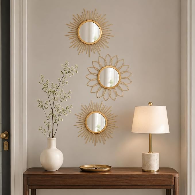 Gold Sunburst Mirror 14x14 Inch, Decorative Wall Accent with Metal Frame, Small Sun Mirror for Living Room, Bedroom, Entryway, Hallway, Boho Modern Home Decor - Image 6