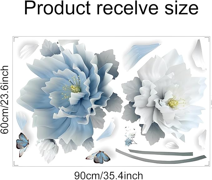 Large Peony Flower Wall Decals Elegant Blue and White Floral Wall Sticker Removable Vinyl Blossom Murals with Flying Butterflies Petals for Living Room Bedroom Sofa TV Background Home Decor - Image 2