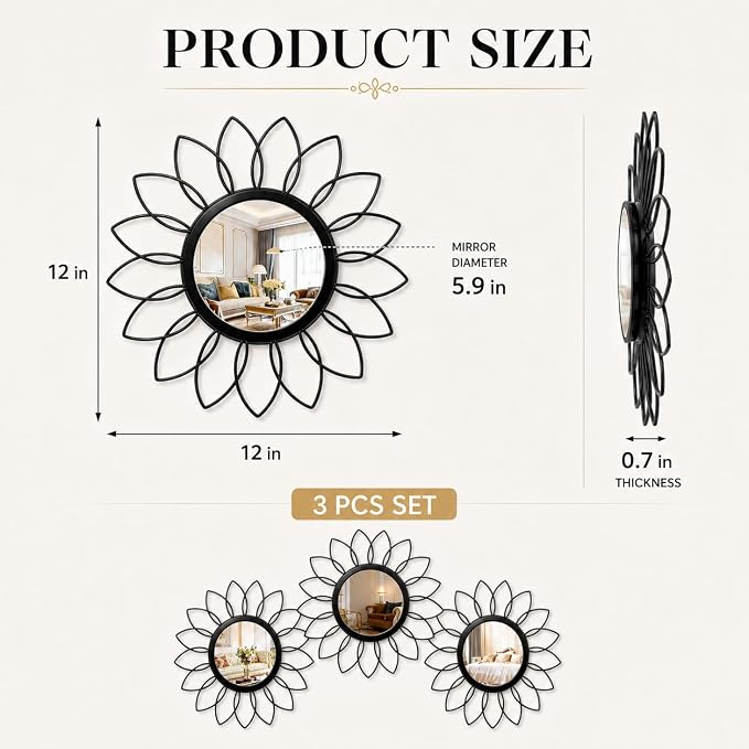 Black Flower Mirror Set of 3, 3PCS Metal Round Decorative Wall Mirrors, Floral Petal Accent Mirror Wall Decor for Living Room, Bedroom, Entryway & Bathroom - Image 2