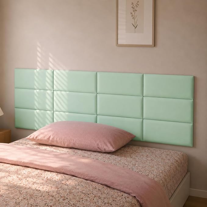 Anti Collision Wall Padding for Kids, Upholstered 3D Wall Panels | 4 Packs 7.8'' x 15.7'' Peel and Stick Headboard, Self Adhesive Wall Pads for Kids, Bedroom, Living Room, Pale Green - Image 3