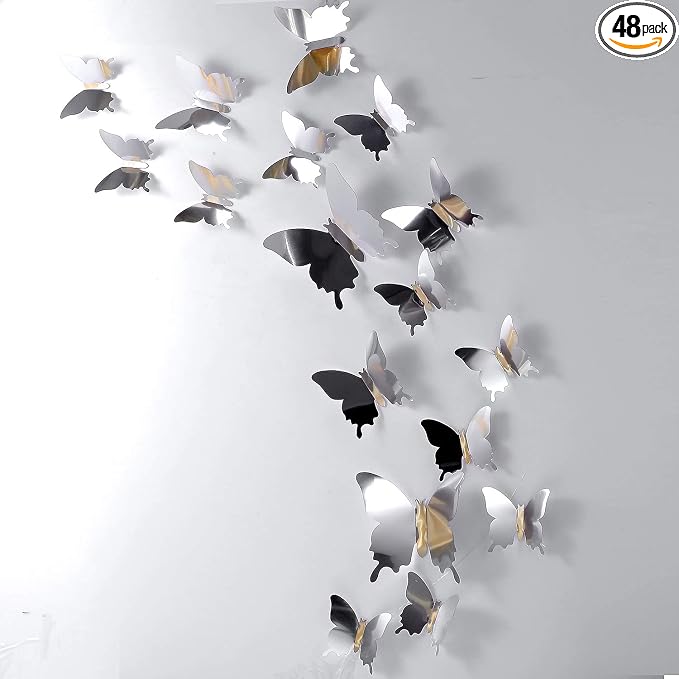 BBTO 48 Pieces Butterfly Wall Decor DIY 3D Mirror Butterfly Stickers Removable Decals Crafts for Birthday Party Bedroom School Bathroom Living Room Decor（Sliver） | Butterfly Stickers,3 Sizes,for Birthday Party Cake,Room Nursery Bathroom Wall Decor,Remo... by BBTO