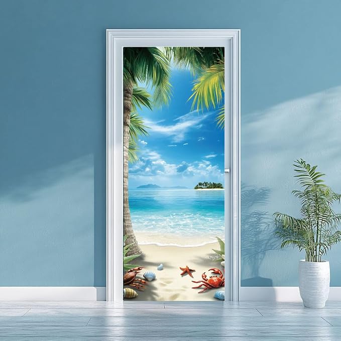 arricraft 2 Pcs Self-Adhesive Beach Scene Door Wall Stickers, 31.5"x78.7", PVC Material, Blue, Green, Rectangular, Indoor Use by ARRICRAFT