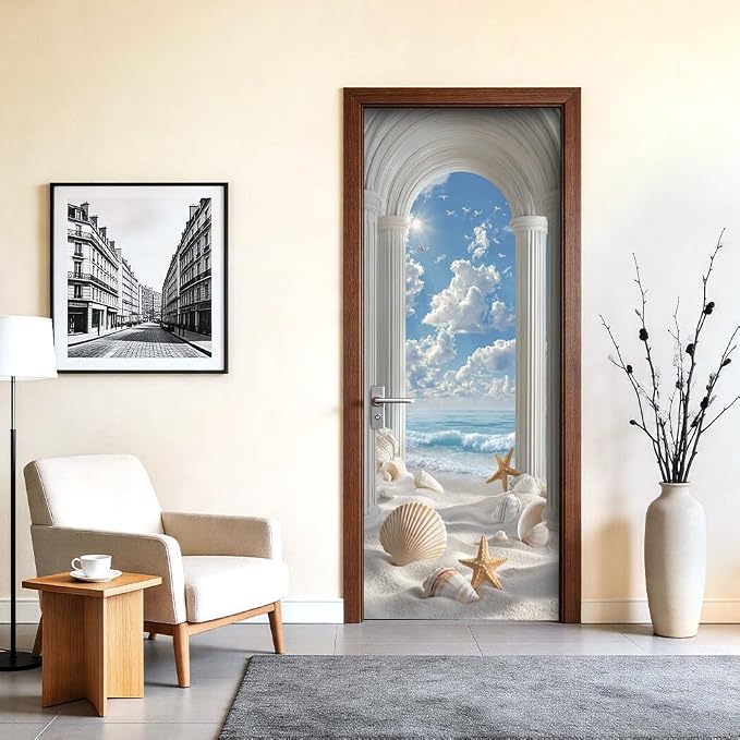 Roman Arch Seashell Beach Door Mural Peel and Stick 30.3x78.7in | 30.3x78.7in Roman arch seashell ocean door mural peel and stick; removable self-adhesive door decal for home decor - Image 5
