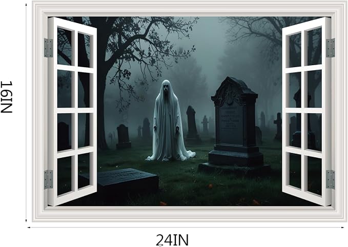 Halloween Fake Window Wall Decals Scary Cemetery Terror Art Poster Sticker | ｜Faux Window Terror Spooky Ghosts Mural ｜ Stick and Peel Wall Decal｜for Halloween Home Scene Decor｜24"x16" - Image 2