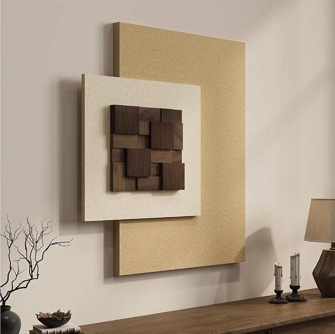 Large Wood Abstract Wall Art for Living Room, Modern 3D Artwork for Walls | Neutral beige tone, Textured paintings, Big woodern layered sculpture, Bedroom dining room office wall decor aesthetic by Cuspin