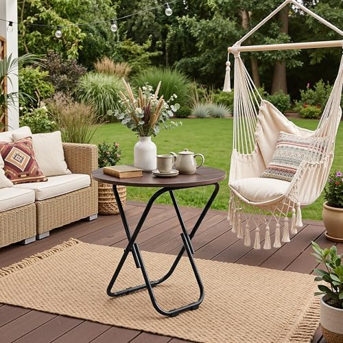 VECELO 17.7" Folding Table, Small Round Patio Outdoor Side Table, Foldable Wooden Table with Weather Resistant Steel Frame, Patio Table for Camping Picnic Garden Living Room Bedroom - Image 6