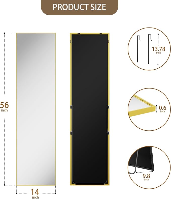 Antok Full Length Mirror, 56"x14" Floor Mirror with Stand, Gold, Rect - Image 7