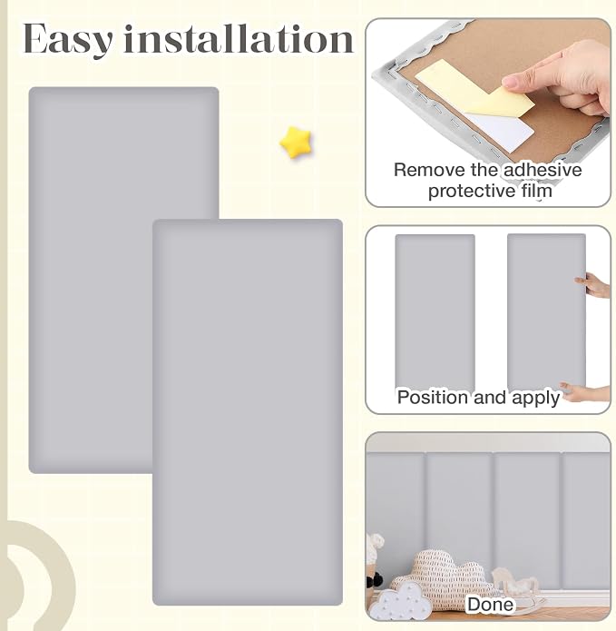 Hahafelt Wall Padding for Playroom Peel and Stick Headboard 3D Anti Collision Upholstered Wall Panels Self Adhesive Headboard(15.75" X 7.87" X 1.18",Light Gray,4 Pack) - Image 5
