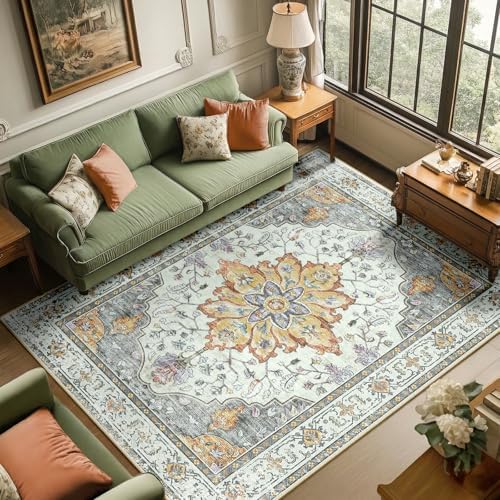 RELEANY Washable Area Rug, 6'x9', Beige/Carbon Grey/Orange by RELEANY