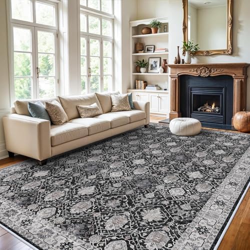 Vintage 10x14 Washable Area Rug: Large Living Room Rugs Indoor Soft Stain Resistant Carpet with Non-Slip Backing for Bedroom Dining Room Farmhouse Low Pile Floor Mat for King Size Bed (10x14 Black) - Image 4