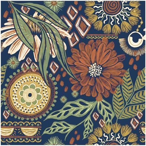 HAOKHOME Boho Peel and Stick Wallpaper Green Floral Bathroom 17.3inx 32.8ft | Large Roll Renter Friendly Removable Waterproof Stick on Textured Wall Paper Navy Orange Vintage Bedroom Accent Wall Decor by HAOKHOME