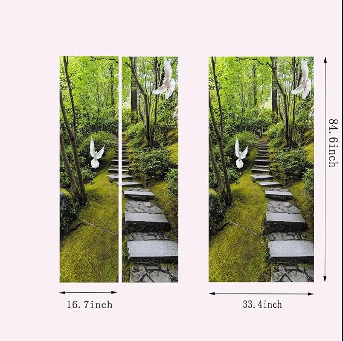 artfanke 3D Peel and Stick Door Sticker 33.5"x84.6"- Self-Adhesive Door Wallpaper Murals Decal Wall Poster-Pigeon Green Forest Landscape for Home Decor (2 Sheets/Set) - Image 5