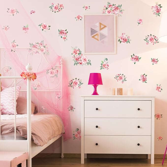 Pink Flowers & Green Leaves Wall Decals - Removable Peel & Stick Garden Floral Wall Stickers for Bedroom & Living Room - Image 4