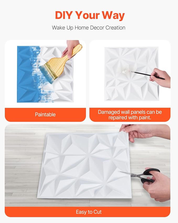 VEVOR 3D Wall Panels, 33-Pack 11.81 x 11.81 in PVC Modern Art Minimalist Diamond Tiles, 32 Sq.Ft Coverage Accent Wall Panel, Interior Home Decor for Ceiling, Bedroom, Living & Gaming Room, Matte White - Image 3