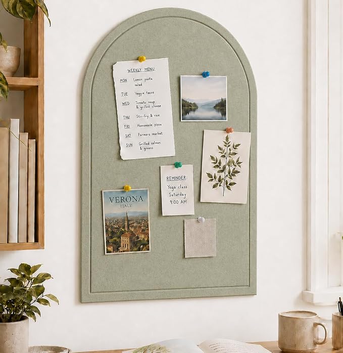 Large Arched Felt Bulletin Board, Sized 36" x 24" for Office & Wall Decor – 6 Customizable Adhesive Tiles with Pins are Perfect to Display Your Photos (Sage Green-B) by Unknown