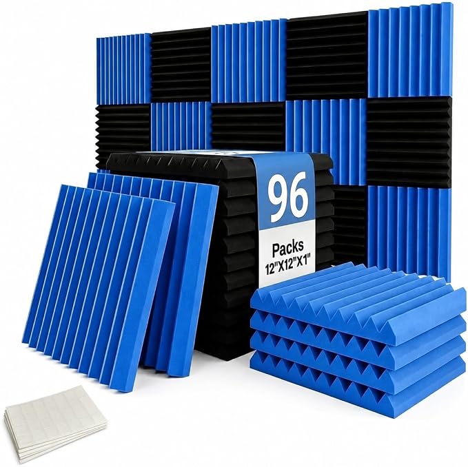 96 Pack Blue/black Absorb the echo Acoustic Foam Panel Wedge Studio Soundproofing Wall Tiles 12" X 12" X 1"(Accompanied By Double-Sided Adhesive Tape) by XIN%26LOG