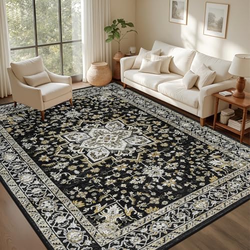 6x9 Area Rugs Living Room: Washable Rug for Bedroom Black Gold by EXPEDIX