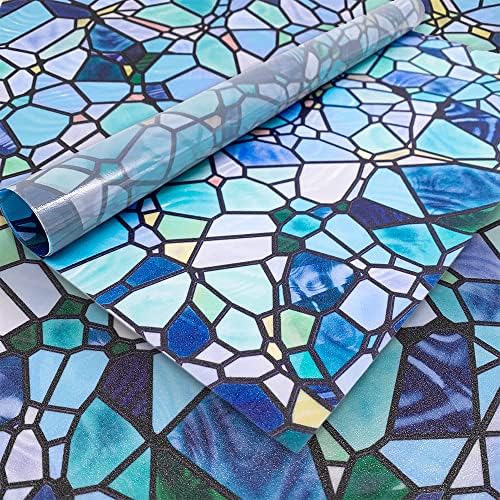 funlife Original Hand-Drawn Privacy Stained Glass Window Film, Reusable Single Sided Static Cling Glass Covers Suitable for Entryway, Decor for Bathroom Glass Window, 11.8"x118", Blue Cobblestones by funlife