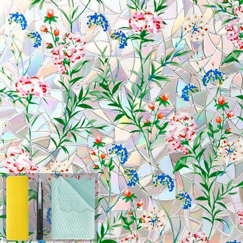 Niviy Stained Glass Window Film with Installation Tools, Heat Blocking Rainbow Window Film for Glass Doors, 3D Floral Decorative Static Cling for Home, Bathroom, Door 23.6 x 118 inch by Niviy
