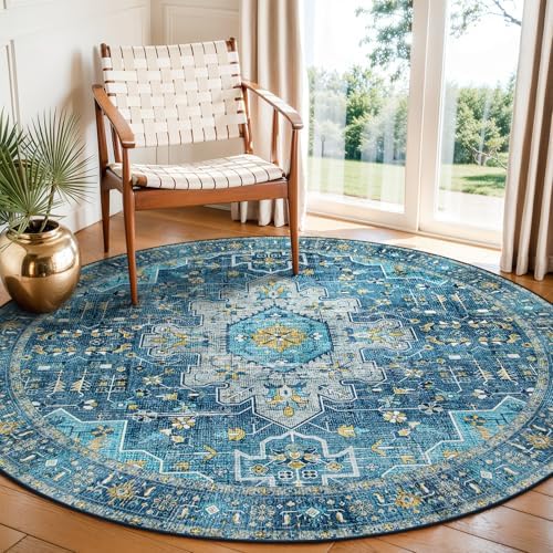 Moynesa Ultra-Thin Washable 5ft Round Rug - Teal 5x5 Circle Rugs for Living Room, Vintage Dining Room Mat Stain Resistant Nursery Carpet for Bedroom Mudroom Kitchen Apartment Home Office by Moynesa
