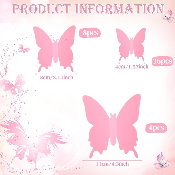 BBTO 48 Pcs 3D Butterfly Mirror Wall Decor,Pink | Butterfly Stickers,3 Sizes,for Birthday Party Cake,Room Nursery Bathroom Wall Decor,Removable Peel Stick,Reflective - Image 2