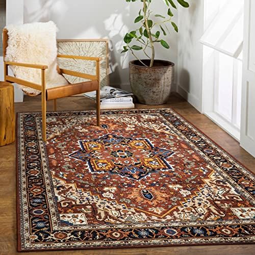 Moynesa Ultra-Thin Washable Oriental Area Rug - 5x7 Large Living Room Rug, Non-Slip Non-Shedding Stain Resistance Low Pile Playroom Mat Indoor Floor Carpet for Bedroom Nursery, Brown/Multi by Moynesa