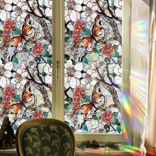 GORGECRAFT 39.4x17 Inch White Flower Rainbow Window Privacy Film 3D Sun Stained Window Glass Decorative Blocking Window Cling Static UV Resistant Decals Non-Adhesive Reusable Sticker for Room Home by GORGECRAFT