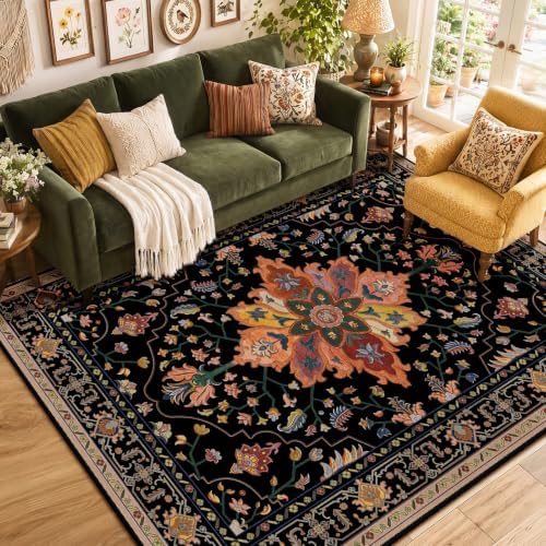 RELEANY Washable Area Rug, 6'x9', Black/Colorful by RELEANY