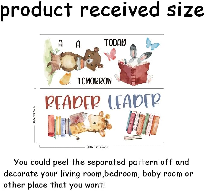 SUPERDANT Animals Reading Book Wall Sticker Inspirational Wall Decal Peel and Stick Classroom Vinyl Art Decals Read Corner Decor for Nursery Library Kids Room Study Room Decoration Back to School - Image 2