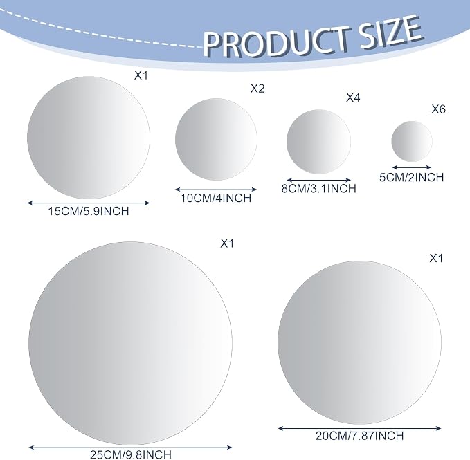 Jetec 15 Pcs Real Glass Round Mirror Tiles Frameless Wall Glass Tiles Round Wall-Mount Mirrors with Acrylic Double Sided Adhesive for Bedroom Bathroom Craft(2/3/4/6/8/10 Inch) - Image 2