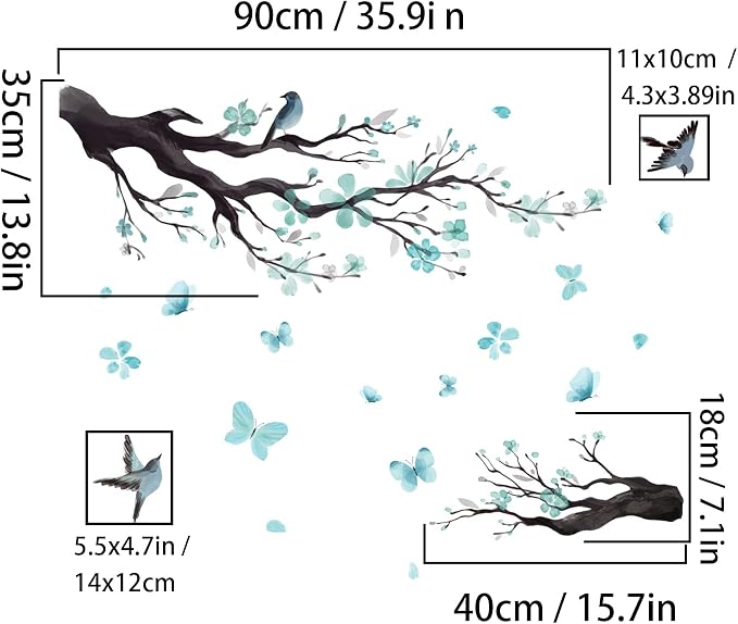 Watercolor Blue Flower Wall Stickers,Removable DIY Romantic Blossom Bird Tree Branch Wall Murals 3D Wall Art Stickers Home Decor for Gilrs Bedroom Nursery Rooms Living Room - Image 4
