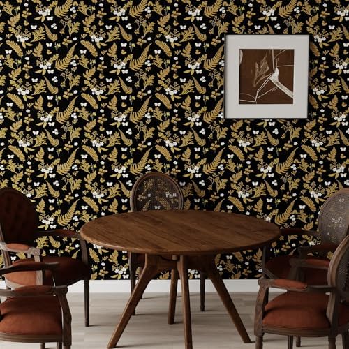 Vinjiasin Luxury Black Gold Peel and Stick Wallpaper Floral and Butterfly Wall Decor Removable Self Adhesive Wallpaper for Living Room, Bedroom, Accent Wall, Bathroom 17.3" x 118" - Image 3