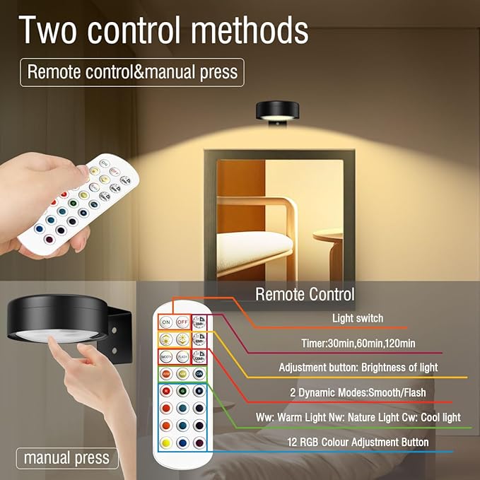 Xuolder Picture Lights for Wall,2000mAh Rechargeable Battery Poster Lights LED Magnetic Painting Light with Remote Control,3 Color Temps&12 RGB Timer Dimmable Wall Light for Art Display Wall Decor - Image 5