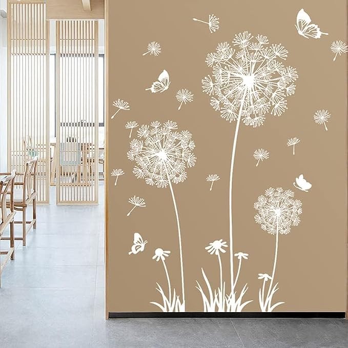 Arawat 2 Set White Dandelion Wall Decals Stickers Peel and Stick Large Vinyl Floral Wall Stickers & Murals Art Flower Walls Decals for Bedroom Bathroom Living Room Door Restroom - Image 4