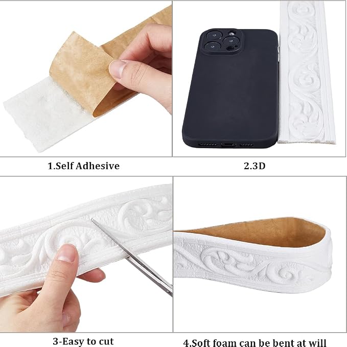 CRASPIRE 88 x 1.96in Crown Molding Peel and Stick Foam White Self Adhesive Flexible Trim 3D Sticky Vintage Decorative Wallpaper Border Wall Edging Baseboard Mirror Border Lines Hotel DIY Decor - Image 6