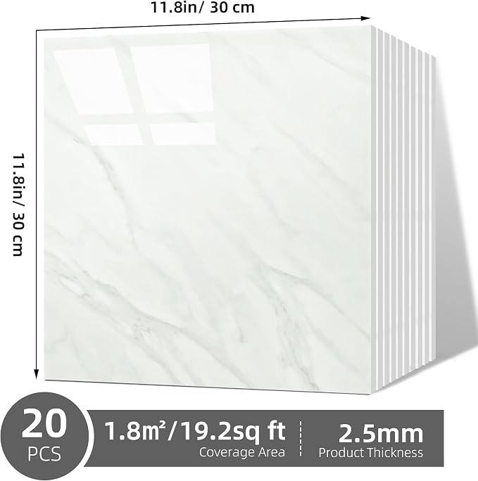 Vieshful 20pcs Peel and Stick Backsplash Tile，12"x12" Self Adhesive Marble Tile for Wall, PVC Waterproof Shower Wall Panels, Back Splash Stick on Tiles for Kitchen Bathroom Living Room, Not Real Tile - Image 3