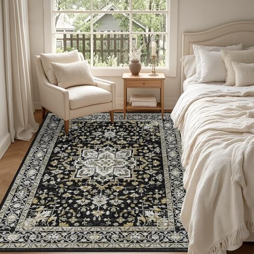 6x9 Area Rugs Living Room: Washable Rug for Bedroom Black Gold - Image 4