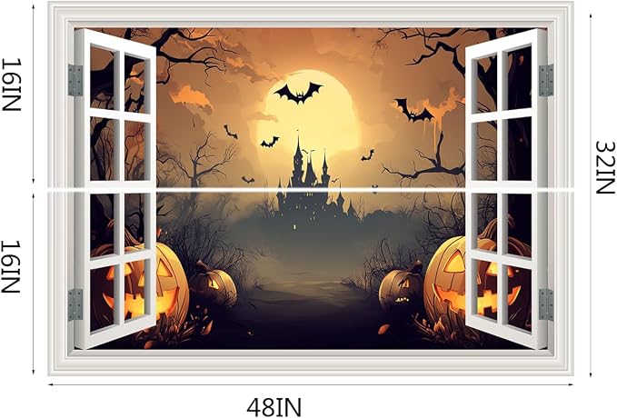 Halloween Decorations Fake Window Wall Decals，Full Moon Night View Terror Castle Pumpkin Bat Spooky Wall Art Poster Sticker Decal ，for Home Halloween Party Scary Scene Decor Peel and Stick 48"x32" - Image 2